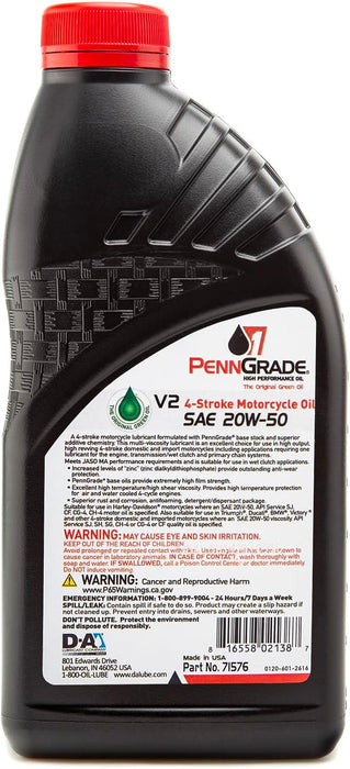 24 Count PennGrade 1 Original Green SAE 20W50 V2 4-Stroke JASO MA Motorcycle Oil Quart Bottles