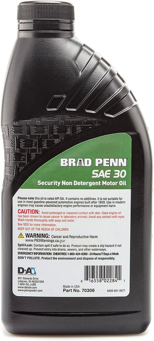 24 Count Brad Penn Security SAE 30 Non-Detergent Motor Oil Quart Bottles