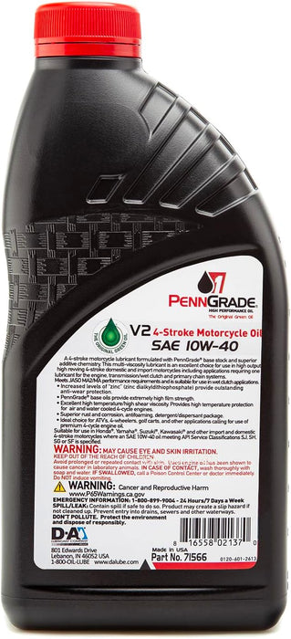 12 Count PennGrade 1 Original Green SAE 10W40 V2 4-Stroke JASO MA2/MA Motorcycle Oil Quart Bottles