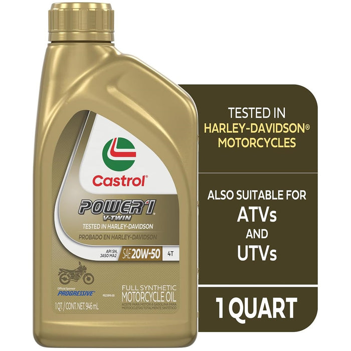 18 Count Castrol Power 1 SAE 20W-50 Full Synthetic V-Twin 4T Motorcycle Oil Quart Bottles