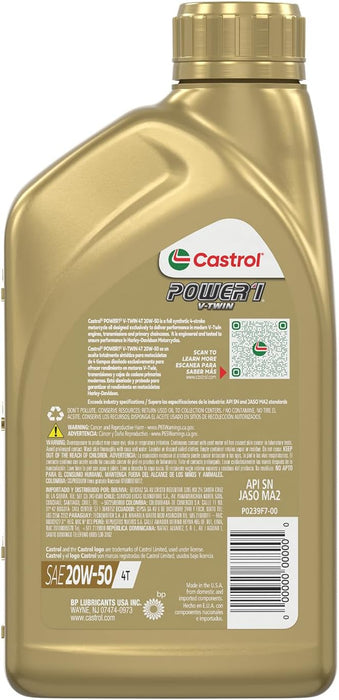 18 Count Castrol Power 1 SAE 20W-50 Full Synthetic V-Twin 4T Motorcycle Oil Quart Bottles