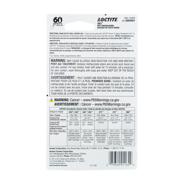Loctite 263™ Threadlocker Red, Surface Insensitive 6 ml Tube - Case of 12