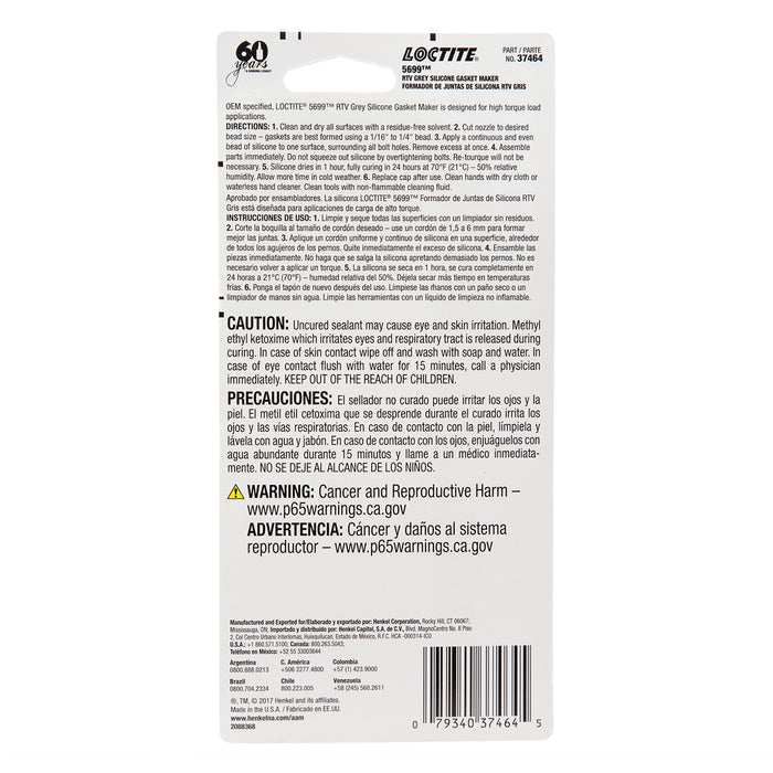 Loctite RTV 5699 Gray Silicone Gasket Maker 80 ml Tubes - Case of 6