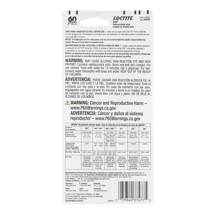 Loctite Threadlocker 242® - Medium Strength/Blue 36 ml Bottle - Case of 6