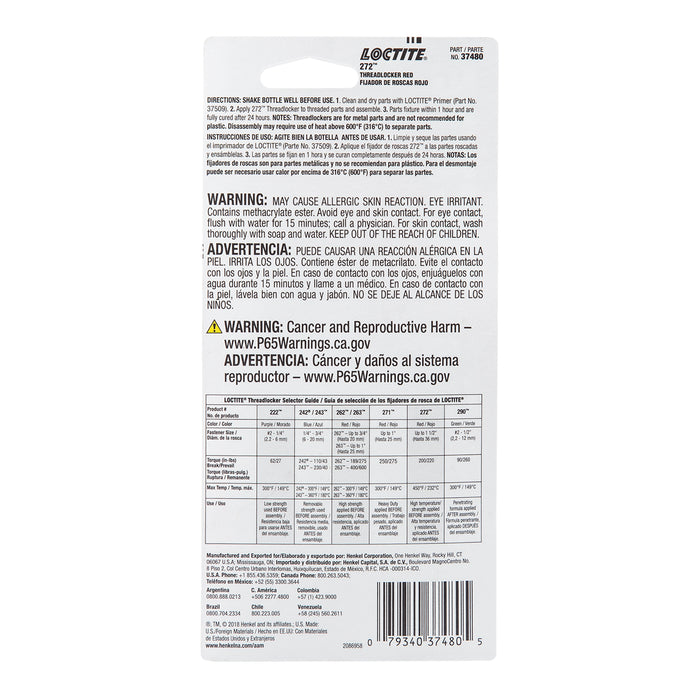 Loctite 272 High Temperature Threadlocker Red 36 ml Bottles - Case of 6